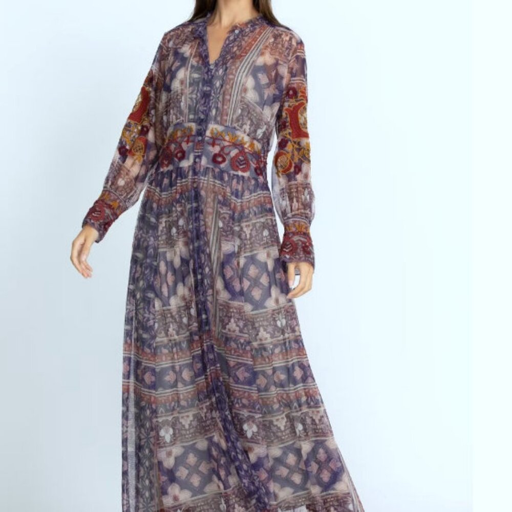 Johnny Was Sheer Boho Maxi Dress in Purple with Red and Gold Accents - Picture 2 of 15
